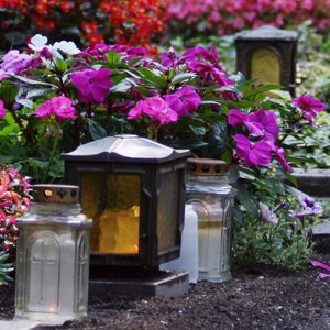 Gräber auf einem Friedhof mit Grablampen und blühender Bepflanzung