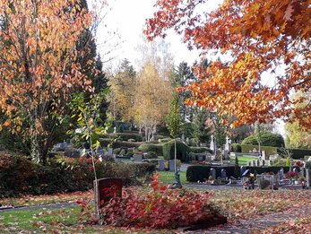 Grabsteine und Gräber auf einem Friedhof im Herbst