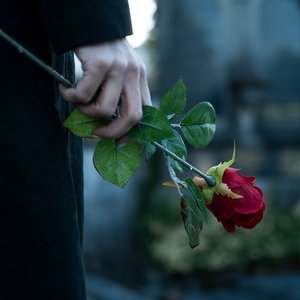 Frau in schwarzer Kleidung am Grab hält rote Rose in der Hand